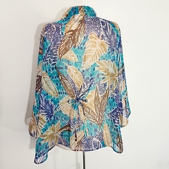 Bon Worth Semi Sheer Tropical Leaf Detail Kimono Aqua Size L - Picture 8 of 12